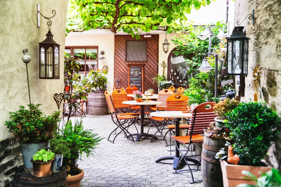 A sunlit outdoor café in Europe