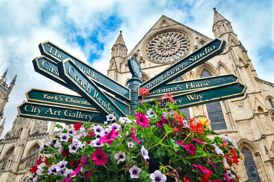 Colorful direction signs pointing toward destinations